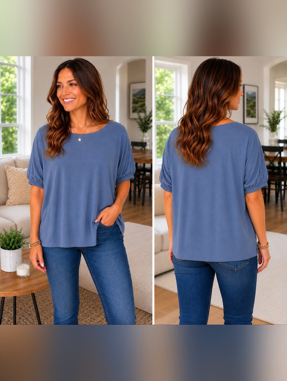 Zenana - Relaxed Ruched-Sleeve Women's Top in Slate Blue